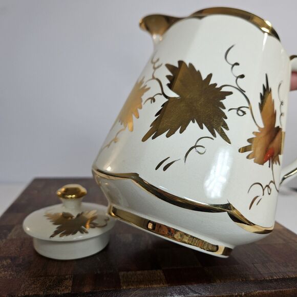 Vtg Price Bros Teapot Gold on  Cream Golden Grape Leaves Autumn Ceramic Lidded - Picture 8 of 13